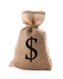 Image of Burlap bag with dollar sign on white background