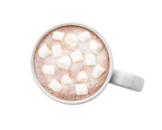 Photo of Delicious cocoa drink with marshmallows in cup on white background, top view