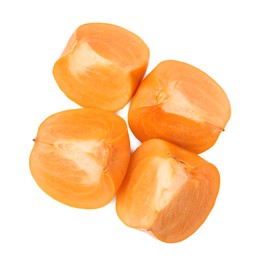 Cut delicious ripe juicy persimmons on white background, top view