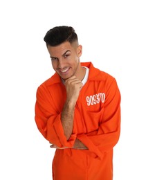 Prisoner in orange jumpsuit on white background