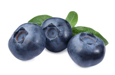 Many fresh ripe blueberries and leaves isolated on white