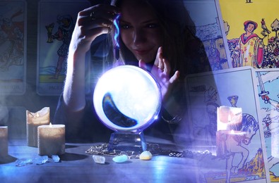 Image of Double exposure with tarot cards and photo of soothsayer using crystal ball