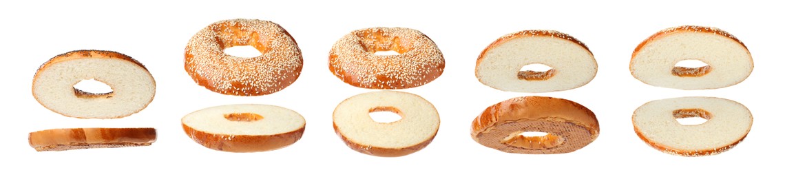 Set with tasty fresh bagels on white background. Banner design