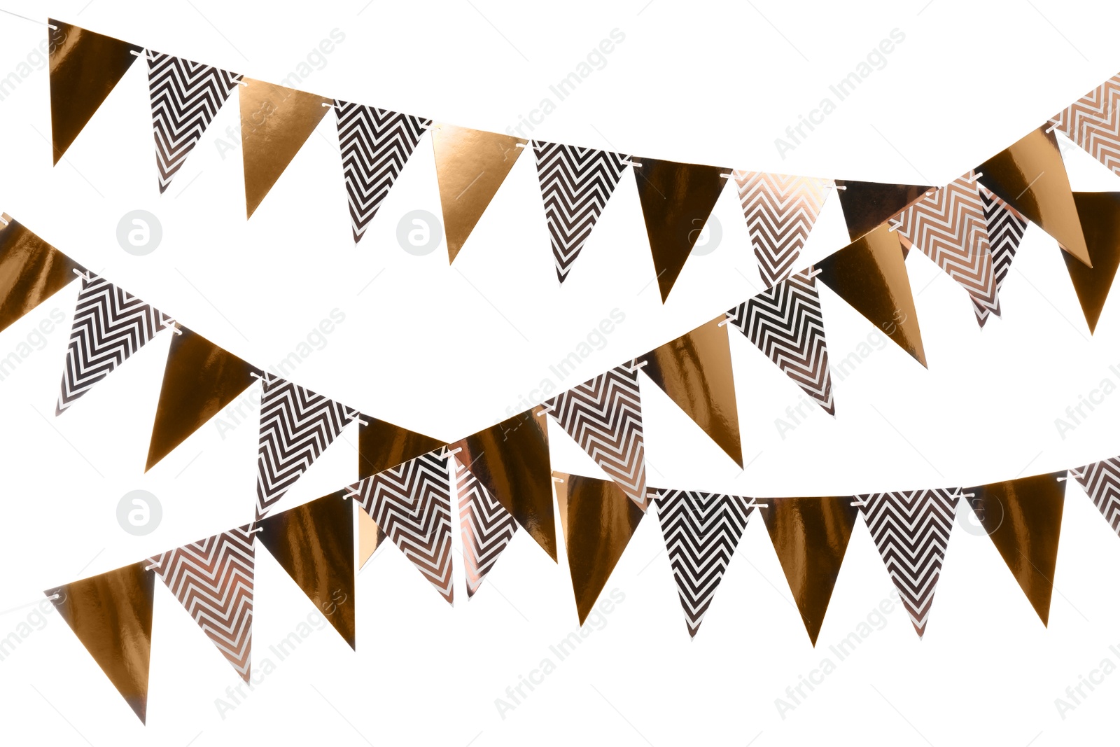 Photo of Rows of triangular bunting flags on white background. Festive decor