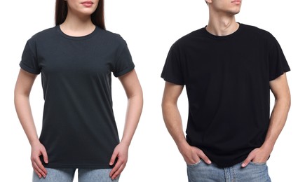 Image of People wearing black t-shirts on white background, closeup. Mockup for design
