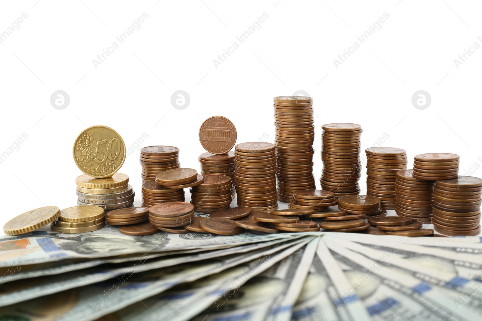 Photo of Dollar bills and coins on white background