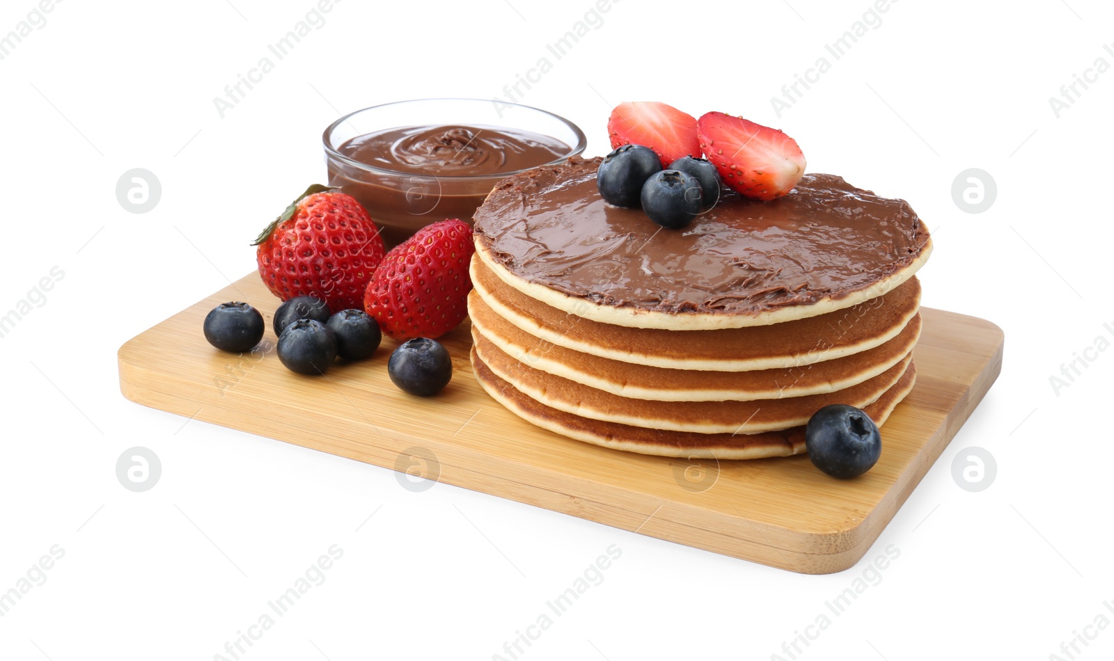 Photo of Tasty pancakes with chocolate paste and berries isolated on white