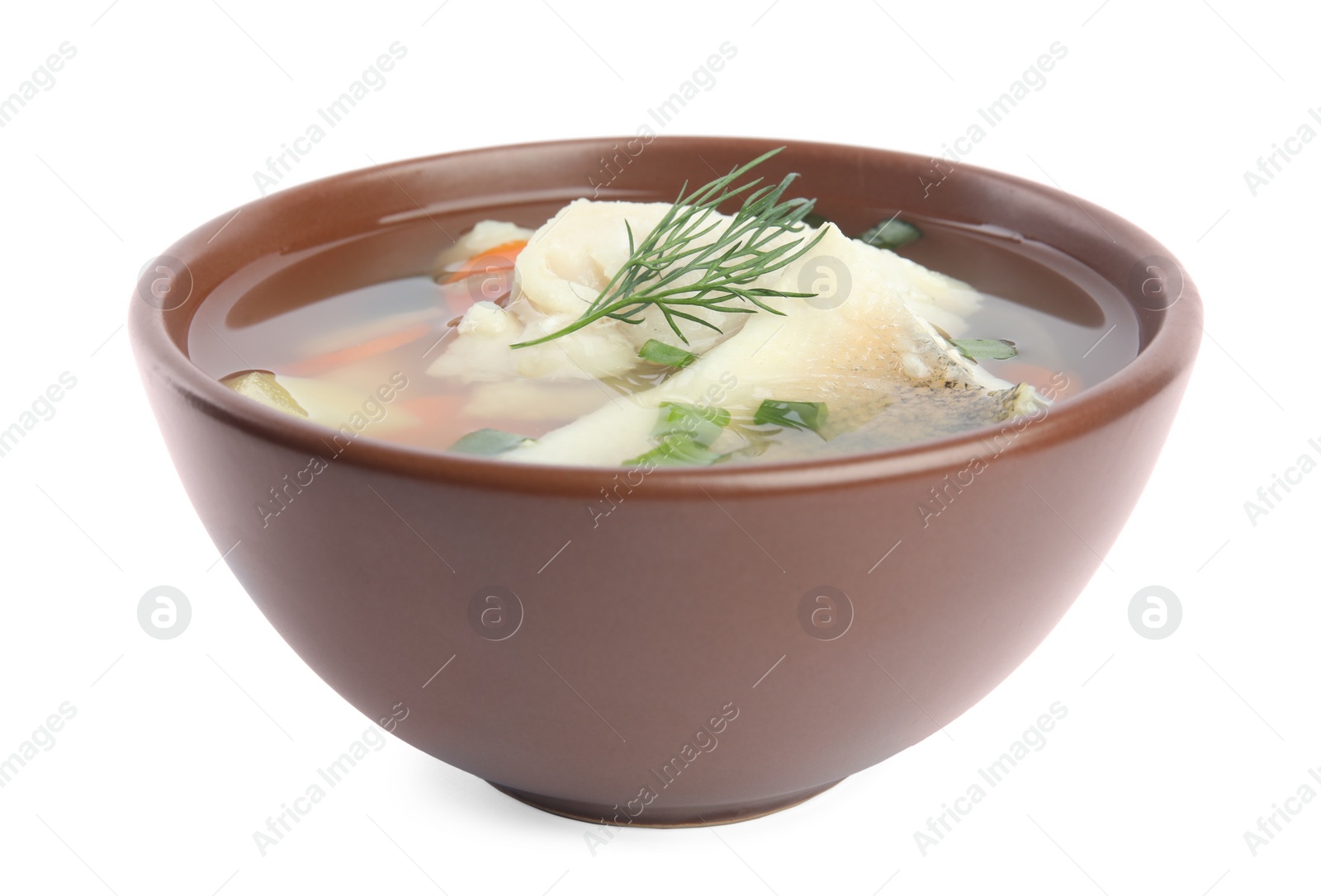 Photo of Delicious fish soup in bowl isolated on white