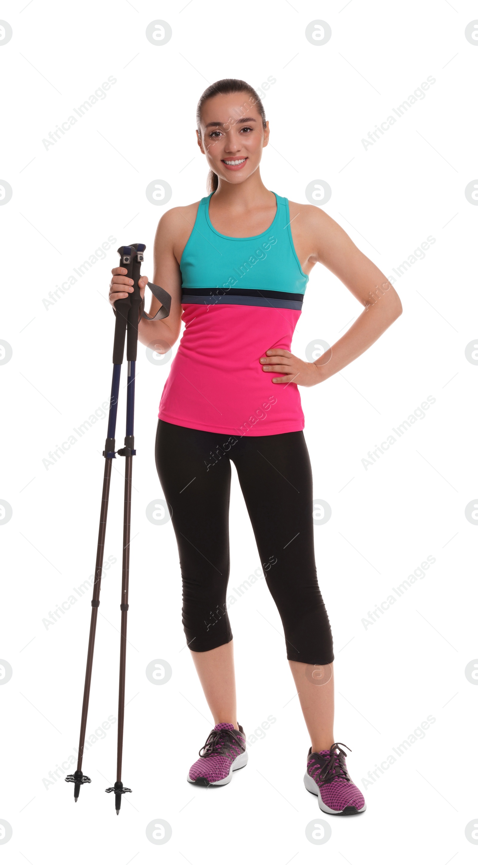 Photo of Woman with poles for Nordic walking isolated on white