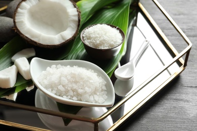 Photo of Ingredients for natural body scrub on metal tray