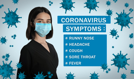 Image of Woman with medical mask and list of coronavirus symptoms on color background