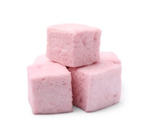 Photo of Pile of delicious sweet marshmallows on white background