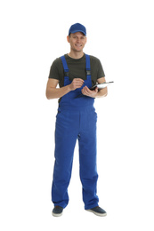 Photo of Full length portrait of professional auto mechanic with clipboard on white background