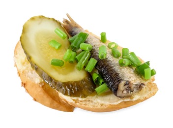 Photo of Delicious sandwich with sprat, pickled cucumber and green onion isolated on white, above view
