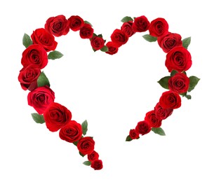 Image of Heart made of beautiful red roses on white background