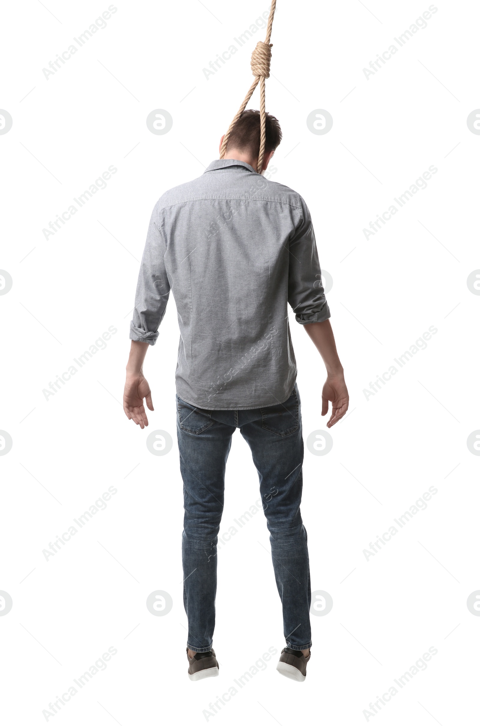 Photo of Man with rope noose on neck against white background, back view