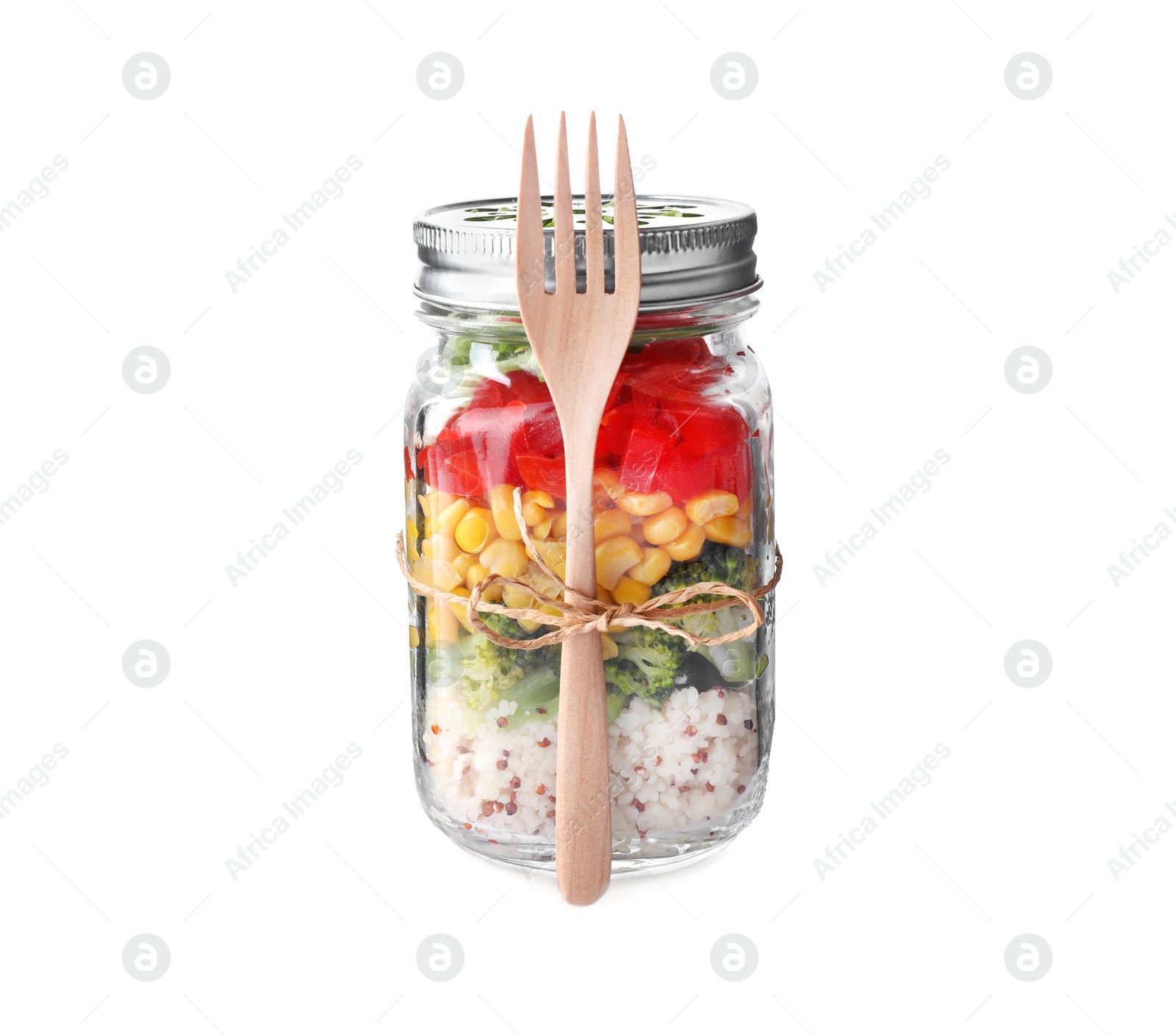 Photo of Glass jar with healthy meal and wooden fork isolated on white