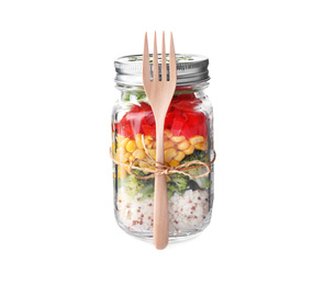 Photo of Glass jar with healthy meal and wooden fork isolated on white