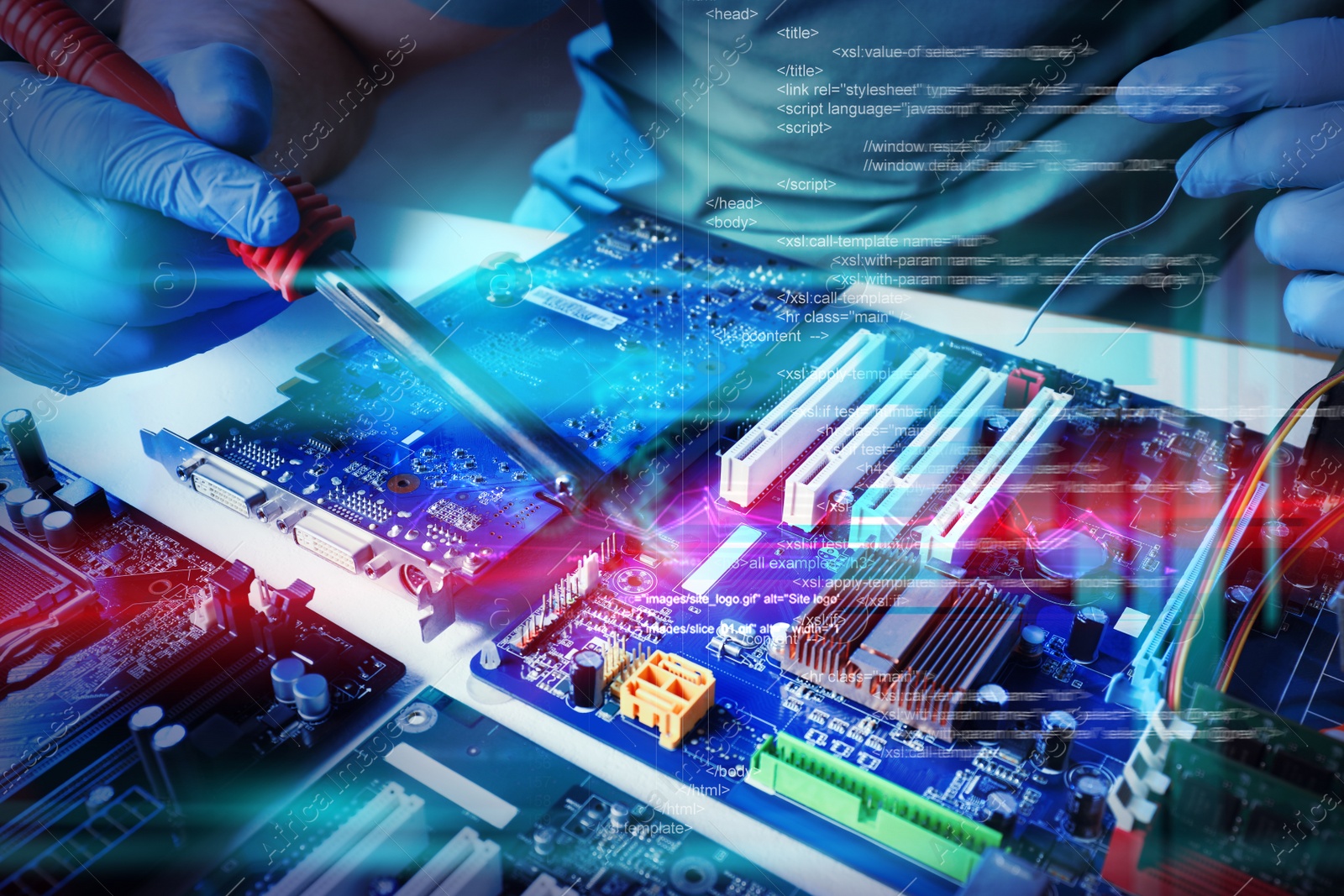 Image of Technician repairing electronic circuit board with soldering iron at table, closeup