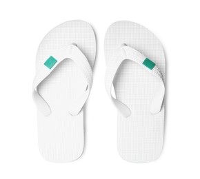 Photo of Pair of stylish flip flops isolated on white, top view
