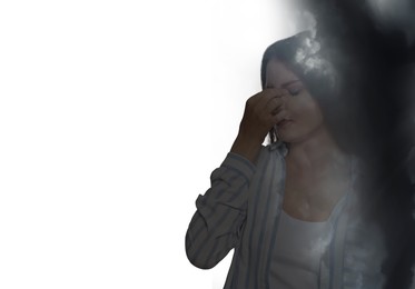 Image of Headache. Double exposure of woman and heavy clouds on white background
