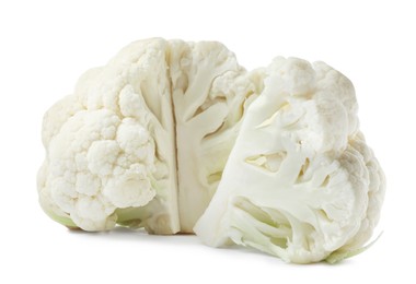 Cut fresh raw cauliflower on white background