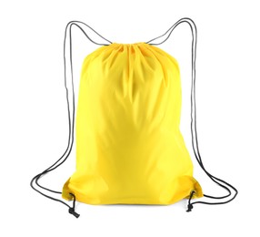 Photo of One yellow drawstring bag isolated on white