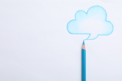 Drawing of cloud and light blue pencil on white background, top view