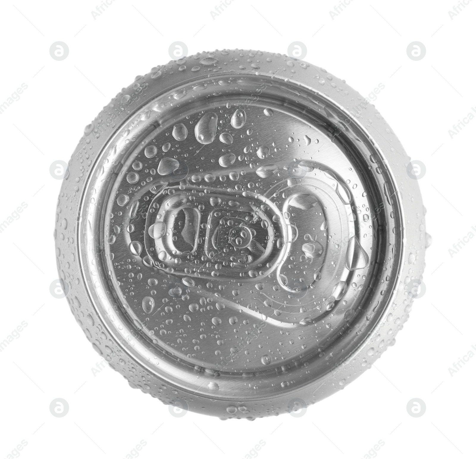 Photo of Aluminum can with water drops isolated on white, top view