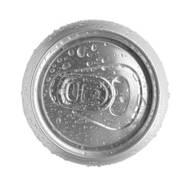 Photo of Aluminum can with water drops isolated on white, top view