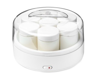 Photo of Modern yogurt maker with full jars on white background