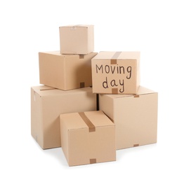 Cardboard boxes on white background. Moving day