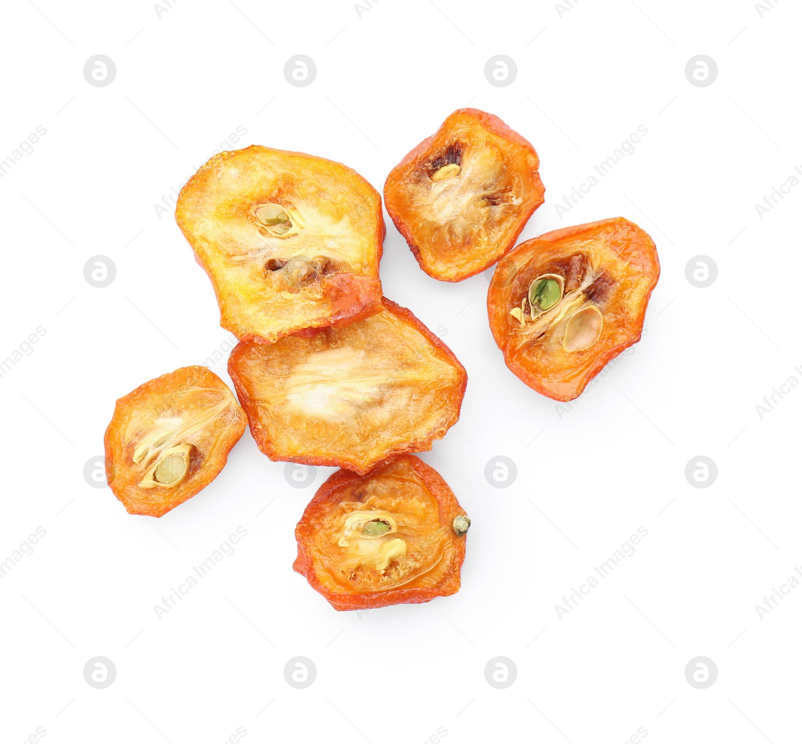 Photo of Cut dried delicious kumquat fruits isolated on white, top view