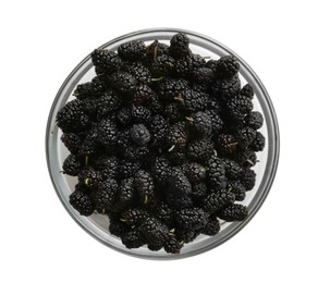 Bowl of delicious ripe black mulberries on white background, top view