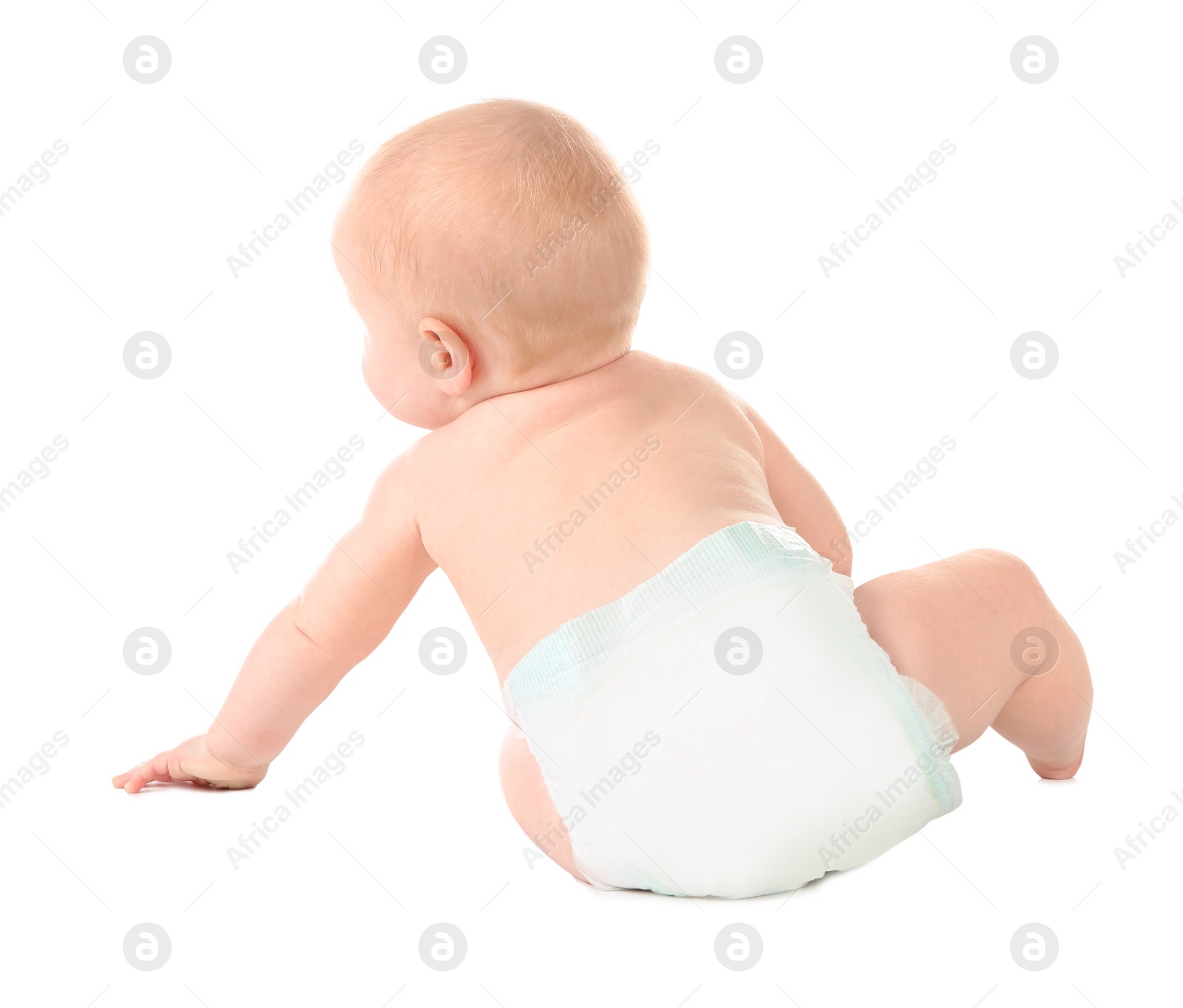 Photo of Cute little baby crawling on white background