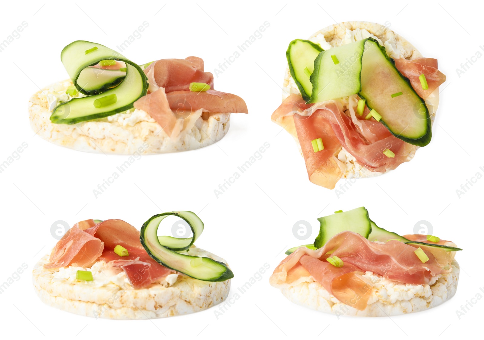 Image of Puffed corn cake with prosciutto and cucumber on white background, view from different sides