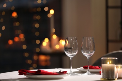 Photo of Table setting for romantic dinner in restaurant