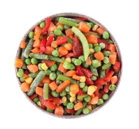 Mix of different frozen vegetables in bowl isolated on white, top view
