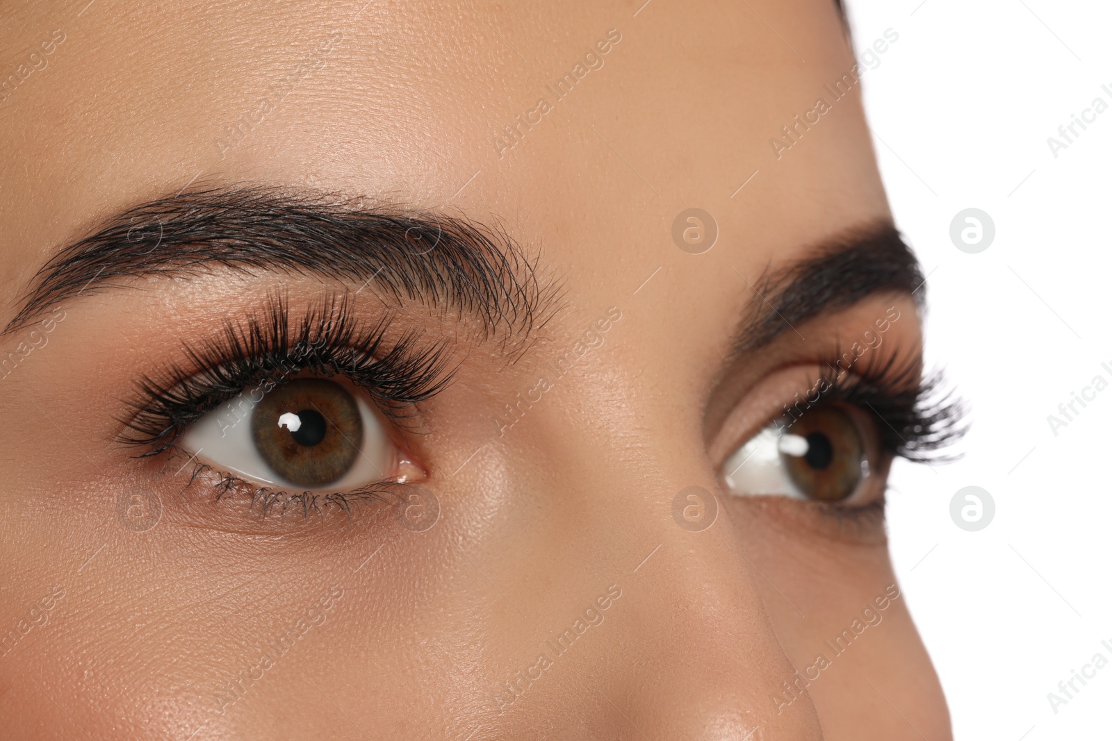 Photo of Beautiful young woman with long eyelashes on white background, closeup