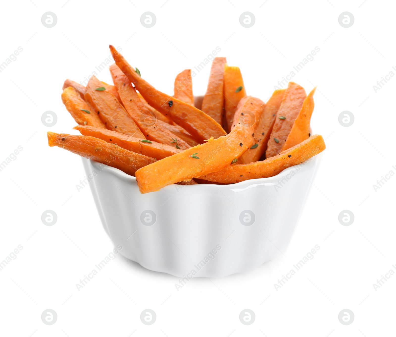 Photo of Bowl with tasty sweet potato fries on white background