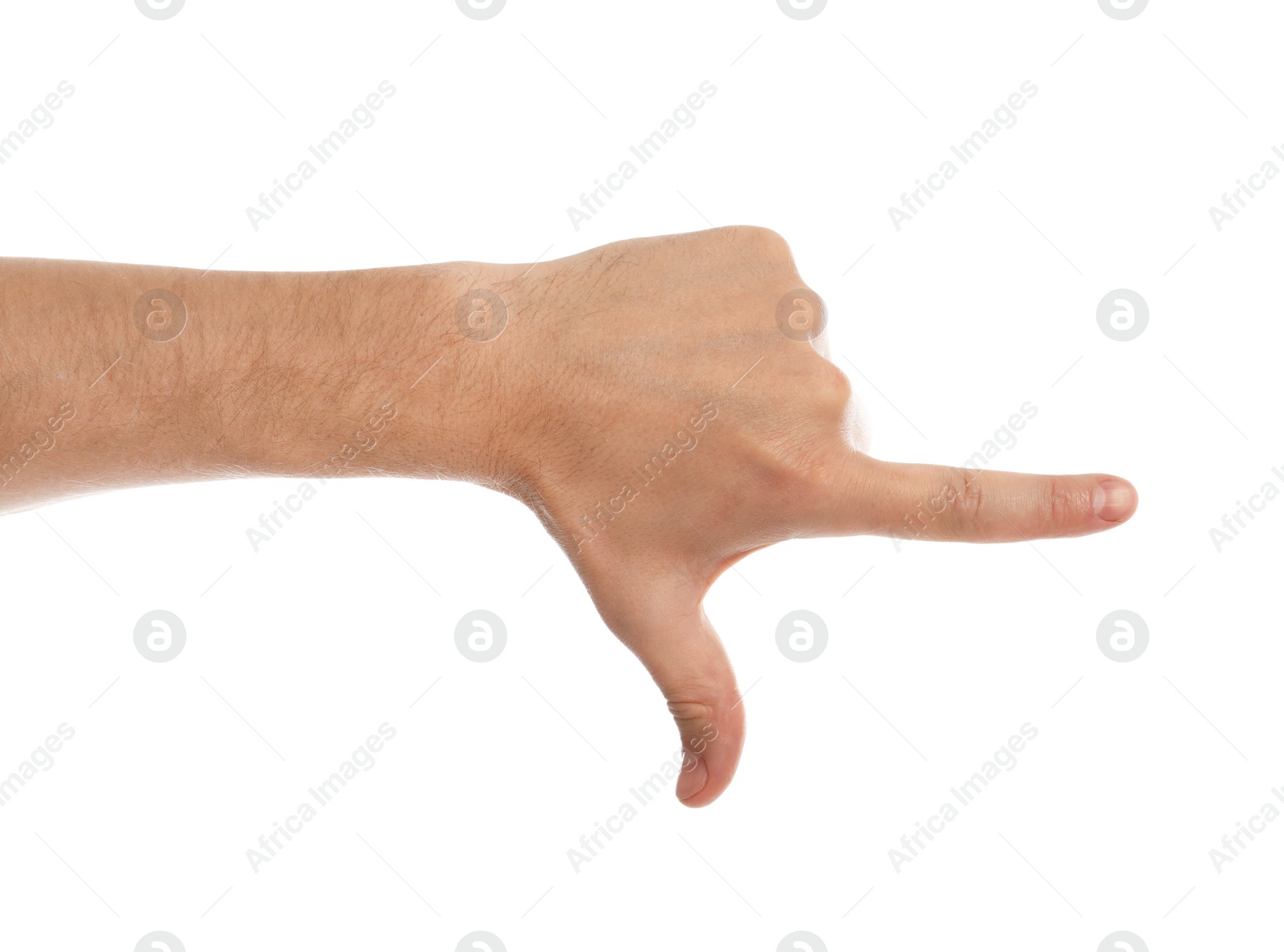 Photo of Man making frame with hand on white background, closeup