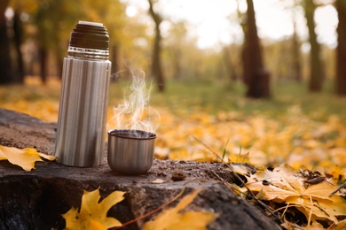 Photo of Metallic thermos and cap on tree stump in autumn park. Space for text