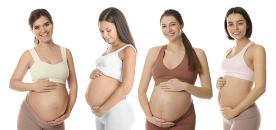 Collage with photos of happy pregnant women on white background. Banner design