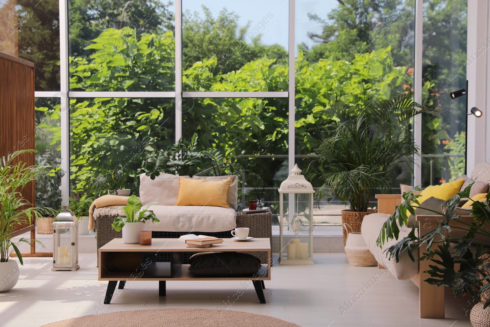 Photo of Indoor terrace interior with modern furniture and houseplants