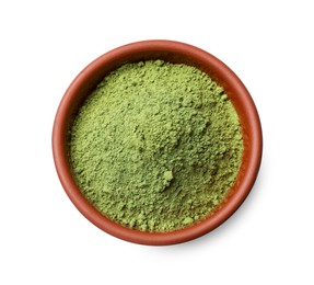 Photo of Green matcha powder in bowl isolated on white, top view