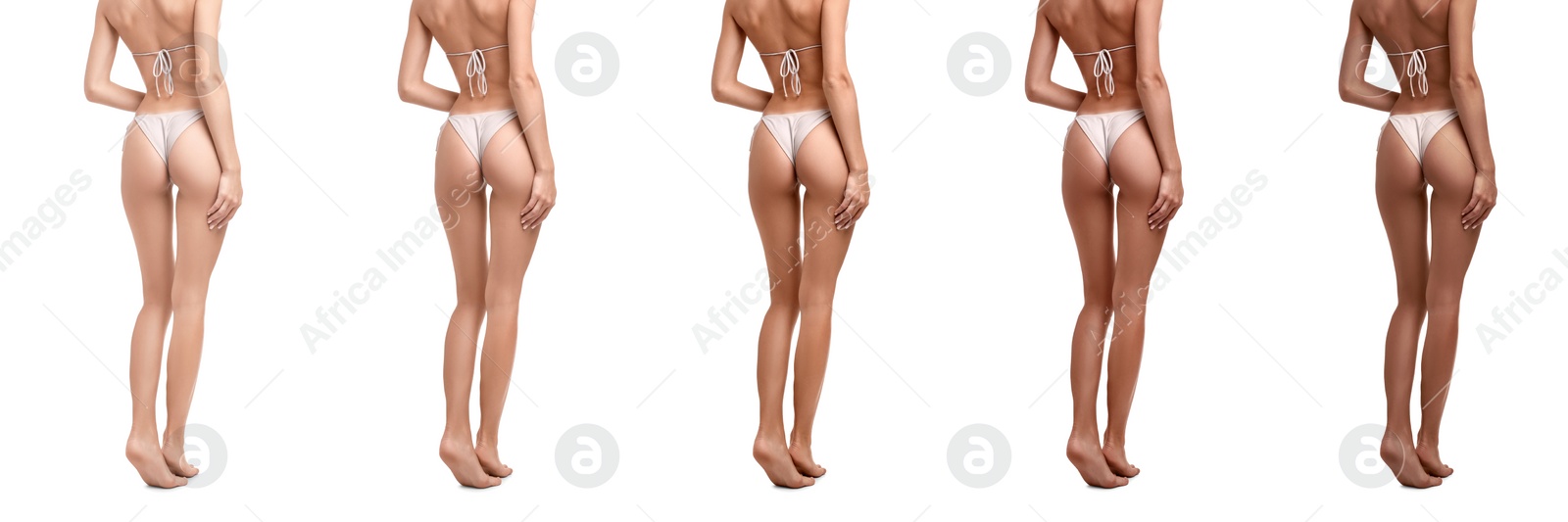 Image of Woman with beautiful body on white background, closeup. Collage of photos showing stages of suntanning