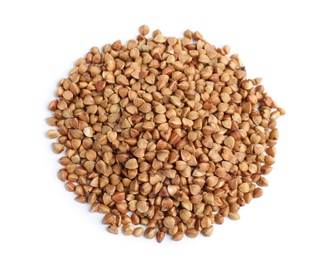 Photo of Uncooked buckwheat on white background, top view