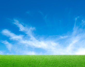 Image of Green grass under blue sky with clouds