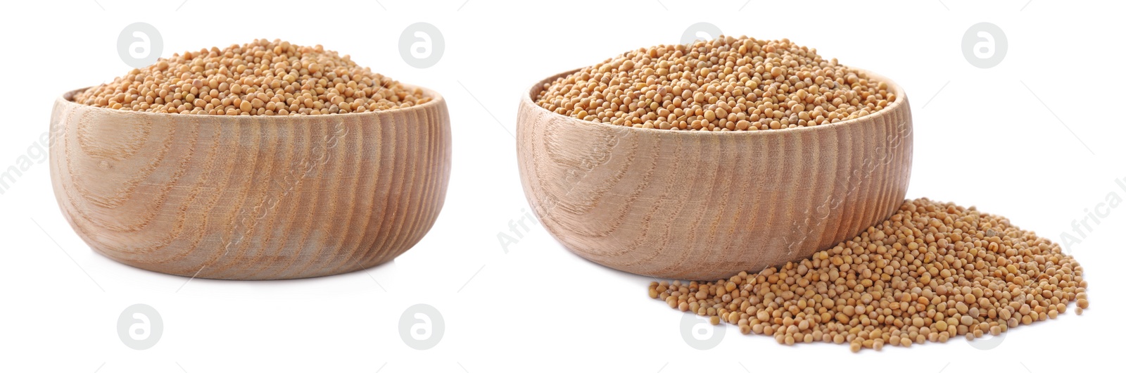 Image of Mustard seeds in wooden bowls on white background. Banner design 