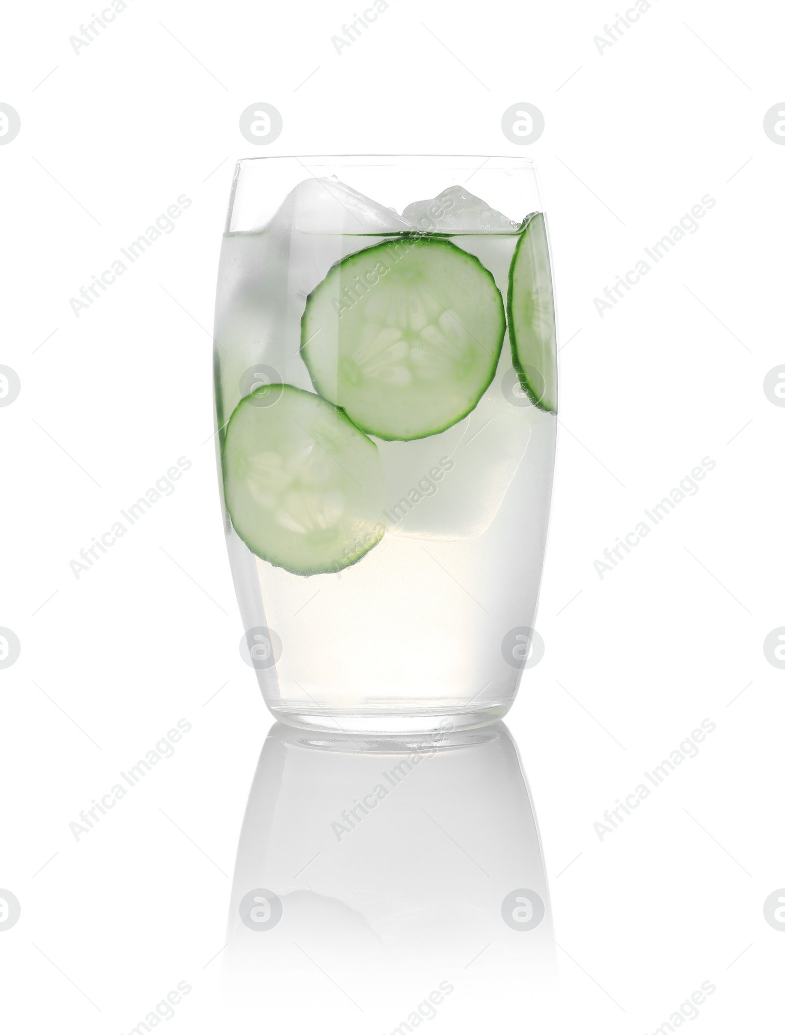 Photo of Glass of tasty martini with cucumber on white background